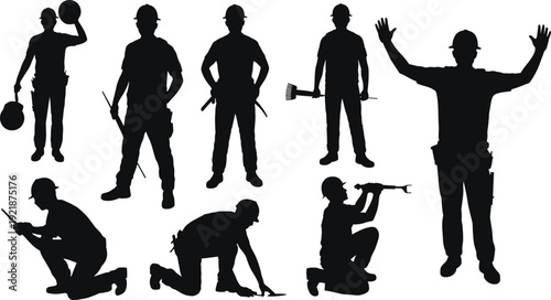 Construction worker silhouettes set with tools, safety helmets and working poses isolated on white background vector illustration collection