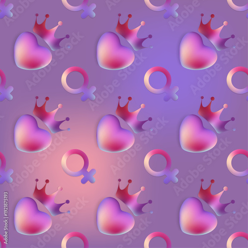 Seamless 3D Pattern for International Women's Day with Hearts, Crowns and Venus Symbols on Purple Gradient Background