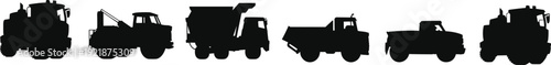Heavy duty truck silhouettes collection featuring dump trucks, tow trucks, pickup and cargo vehicles isolated on white background