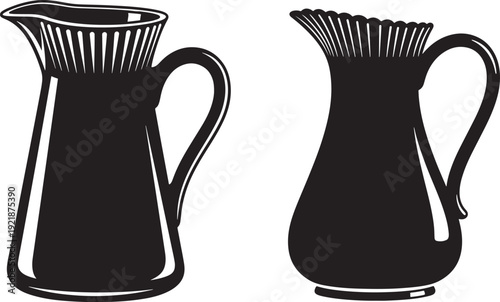 Silhouettes of two elegant pitchers or jugs, one with a fluted rim and the other with a smooth curve, suggesting beverage service or decorative ceramics.