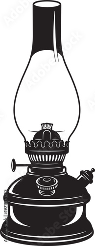 Detailed black silhouette of an old-fashioned oil lamp, also known as a kerosene lamp, with a glass chimney and ornate base.