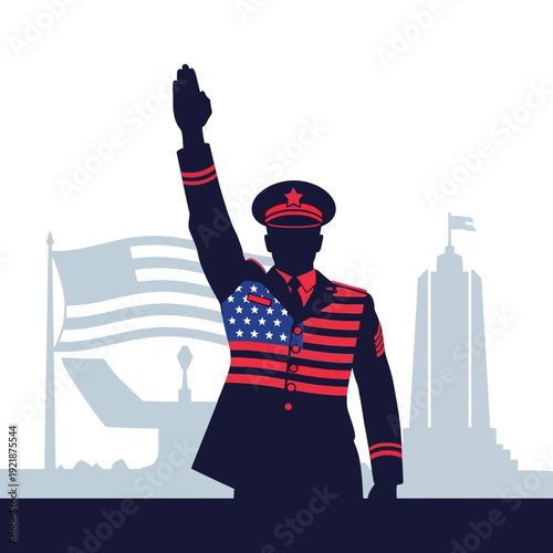 Patriotic Soldier Saluting with American Flag Uniform and US Landmarks Background