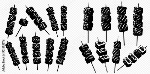 A collection of hand-drawn grilled meat shish kebab skewers in a sketch style illustration set.