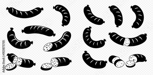 Set of black and white sausage icons and illustrations. Collection of whole and sliced meat products for butcher shop or restaurant menus.