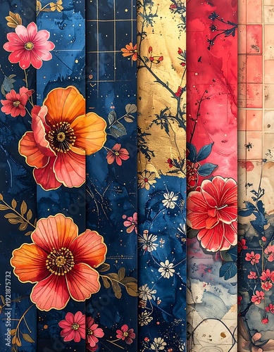 Vertical display of varied fabrics, floral patterns, and rich colors in painterly style, side-by-side in warm and cool tones