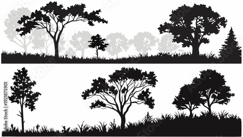 Black Silhouette Forest Landscape Trees Grass Vector Set Ideal For Nature Design Web Graphics Environmental Projects