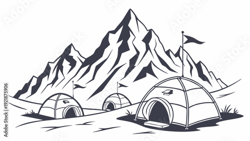 Mountain Expedition Base Camp with Dome Tents for Adventure Travel Tourism and Extreme Weather Survival Design