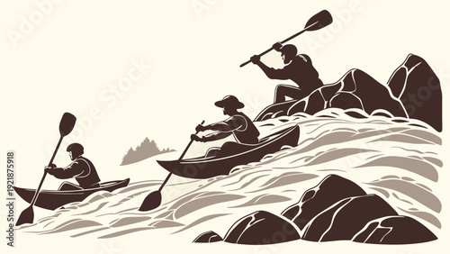 Adventurous Kayakers Navigating Raging Whitewater Rapids with Rocks for Outdoor Recreation Adventure Travel Website Design (159 characters)