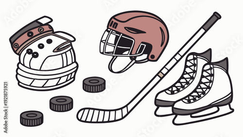 Ice Hockey Gear Collection Skates Helmet Stick Pucks for Sports Website Design Winter Recreation Promotion Graphics