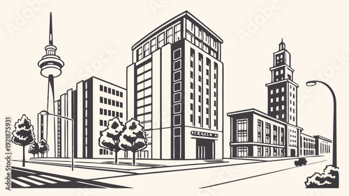 Black and White Cityscape with Modern Office Buildings and Landmark Tower for Urban Development and Real Estate Promotion