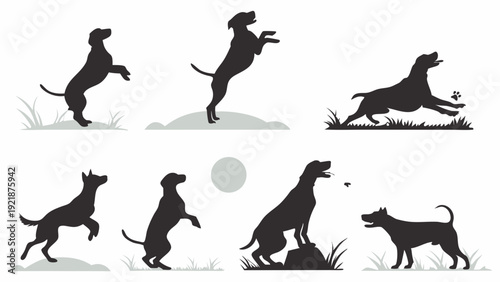 Dynamic Dog Silhouettes Set Playing Jumping Fetching Outdoors for Pet Care Training Websites and Animal Product Advertising