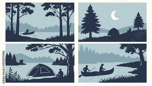 Serene Night Camping and Canoeing Lake Scenes Silhouette Set for Outdoor Adventure Travel Web Design or Vacation Promotion