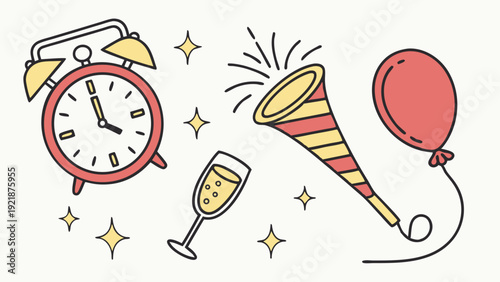 New Year's Eve Celebration Icons Alarm Clock Champagne Horn Balloon Sparkle Countdown Party Design Element