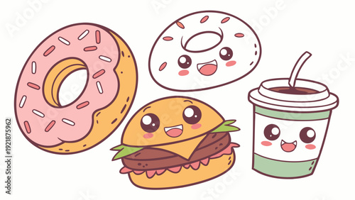 Cute Kawaii Fast Food Icons Happy Burger Donut Drink for Junk Food Cafe Menu Design or Snack App Graphics