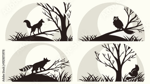 Nocturnal Wildlife Silhouettes Fox Owl Squirrel Night Scene for Halloween Autumn Seasonal Design Elements