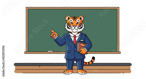 A cartoon tiger in a blue suit and red tie stands in front of a green chalkboard, gesturing with one hand while holding a book in the other.