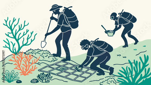 Marine Biologists Surveying Coral Reef Ecosystem with Quadrant Grid for Ocean Conservation Research and Ecology Study