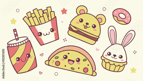 Kawaii Fast Food Icons for Kids Menu Design Fun Happy Junk Food Vector Illustration for Cafe Promotion