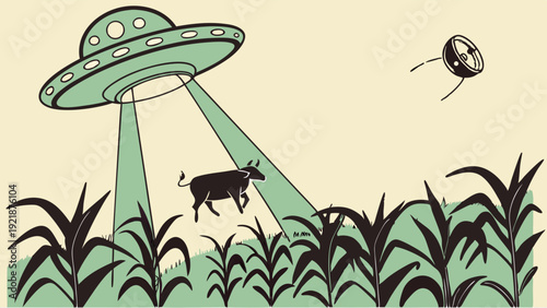 Alien Abduction UFO Tractor Beam Steals Cow from Cornfield Illustration for Rural Mystery or Sci-Fi Storytelling Projects