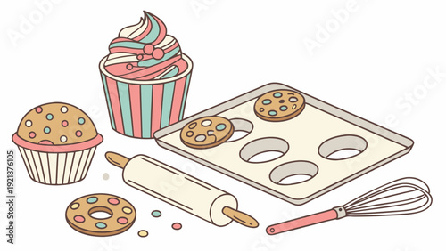 Baking Ingredients and Tools Illustration for Bakery Website Design or Sweet Treat Recipe Blog Promotion