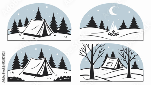 Four Seasons Winter Camping Icons Set Snowy Forest Tent Campfire Outdoor Adventure Travel Design Elements (139 characters)