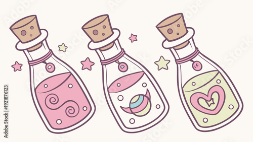 Cute Pastel Magic Potions for Love Spells Beauty Products Kawaii Design Elements for Girls
