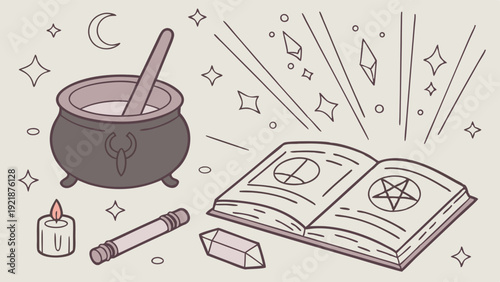 Mystical Witchcraft Cauldron Spell Book and Crystal Magic for Occult Design Projects and Spiritual Websites