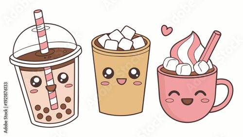 Cute Kawaii Boba Tea Hot Chocolate Marshmallow Drinks for Cafe Menu Design Summer Fall Promotion