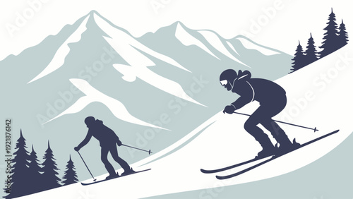 Dynamic Skiers Carving Down Snowy Mountain Slope Winter Sports Vacation Adventure for Travel Brochures and Website Banners
