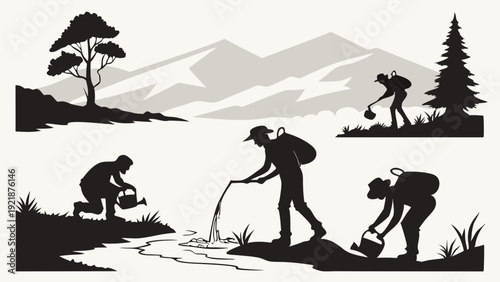 Silhouetted Volunteers Watering Plants Outdoors for Reforestation and Environmental Conservation Projects in Mountain Landscape