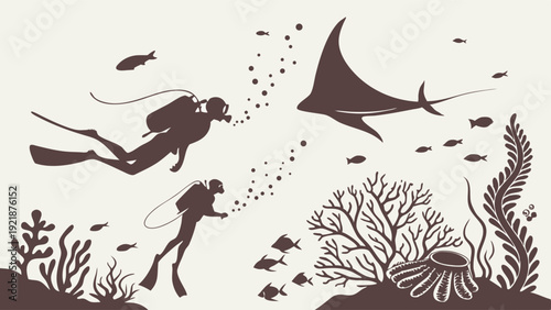 Silhouette Scuba Divers Explore Vibrant Coral Reef Ecosystem Encountering Majestic Manta Ray Underwater Adventure Travel Design