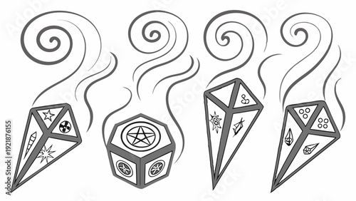 Mystical Esoteric Symbols Burning Incense Objects for Occult Ritual Magic and Spiritual Healing Design Elements