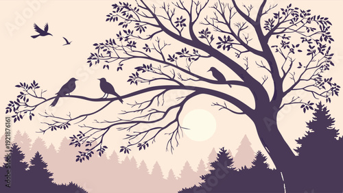 Serene Silhouette of Birds Perched on Tree Branches at Sunrise for Nature Website Background or Calm Meditation Graphic Design