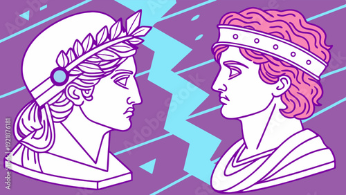 Clash of Ancient Leaders Busts Divided by Lightning Bolt for Historical Conflict or Rivalry Web Design