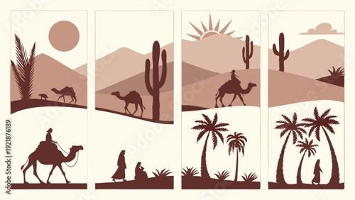 Desert Caravan Silhouette Set Camel Travel Oasis Palm Trees Journey Background for Travel Brochures Web Design Banners