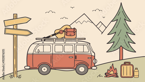 Vintage Camper Van Road Trip Adventure Camping Vacation Journey Mountains Guitar Travel Illustration for Tourism Web Design