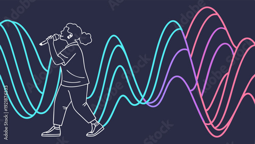 Singer Performing Live with Vibrant Sound Wave Graphics for Music App Promotion or Audio Production