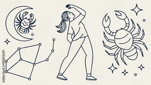 Minimalist Line Art Zodiac Sign Cancer Constellation and Woman Stretching for Astrology Website Design