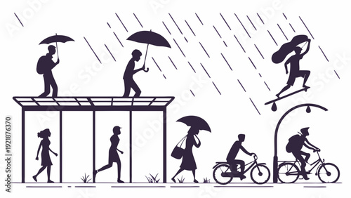 City Commuters Navigating Heavy Rain Outdoors with Umbrellas Bicycles and Skateboards for Weather Safety Illustration (149 characters)