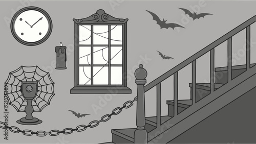 Spooky Haunted House Interior Staircase with Cobwebs Bats and Broken Window for Halloween Design Projects