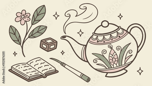 Cozy Tea Time Illustration for Witchcraft Journaling Recipe Writing or Cottagecore Blog Design Elements