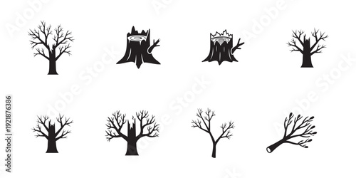 Set of Stylized Black and White Illustrations of Bare Winter Trees and Tree Stumps, Symbolizing Nature's Cycle