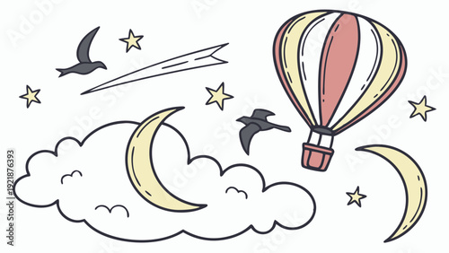Dreamy Night Sky Balloon Ride with Moon Clouds Stars and Birds for Nursery Decor Website Graphics