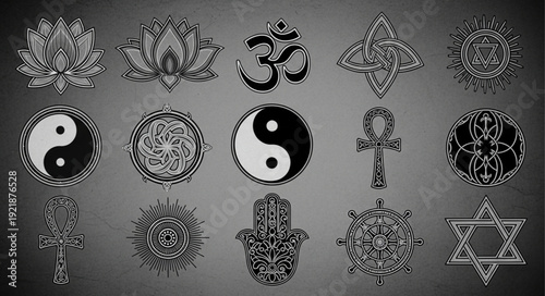 Collection of Religious and Spiritual Symbols in Black and White.