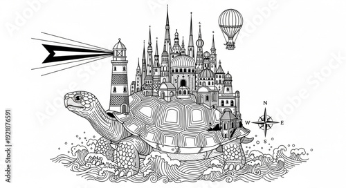 Fantasy illustration of a giant turtle carrying a city with a lighthouse.