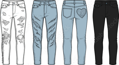 Women distressed ripped skinny denim jeans with heart shaped back pocket, front and back view fashion technical flat sketch vector, cad drawing flat vector illustration,Women distressed ripped 