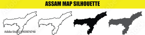Assam map silhouette vector set including solid filled and halftone versions for regional geography and indian graphics