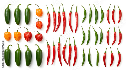 Overhead view of 36 assorted chili peppers, including green jalapeños, orange habaneros, and red and green Thai chilies, arranged in rows on a white background.