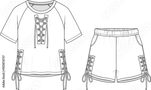Women short sleeve t-shirt and elastic waist shorts set with lace up detail, fashion technical flat sketch vector, cad drawing flat vector illustration,