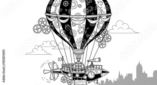 Intricate Steampunk Airship Ascending Above a Detailed Cityscape, Black and White Illustration.